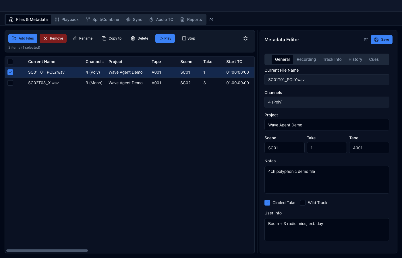 The Files & Metadata tab, with the file list on the left and the Metadata Editor on the right
