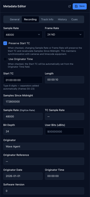 The Recording tab, holding frame rate, timecode and user bits