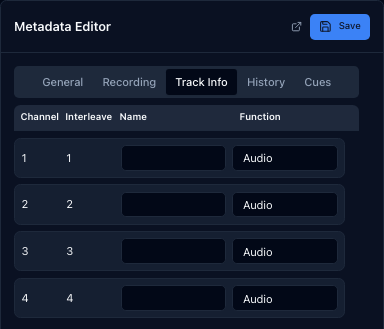 The Track Info tab, where each channel is named