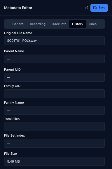 The History tab, showing how and when the file was originally recorded