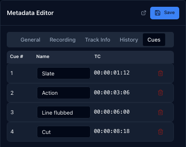The Cues tab, listing the sync points stored in the file