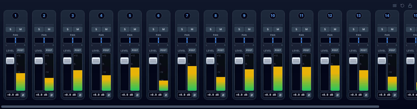 The mixer during playback, with the channel meters live