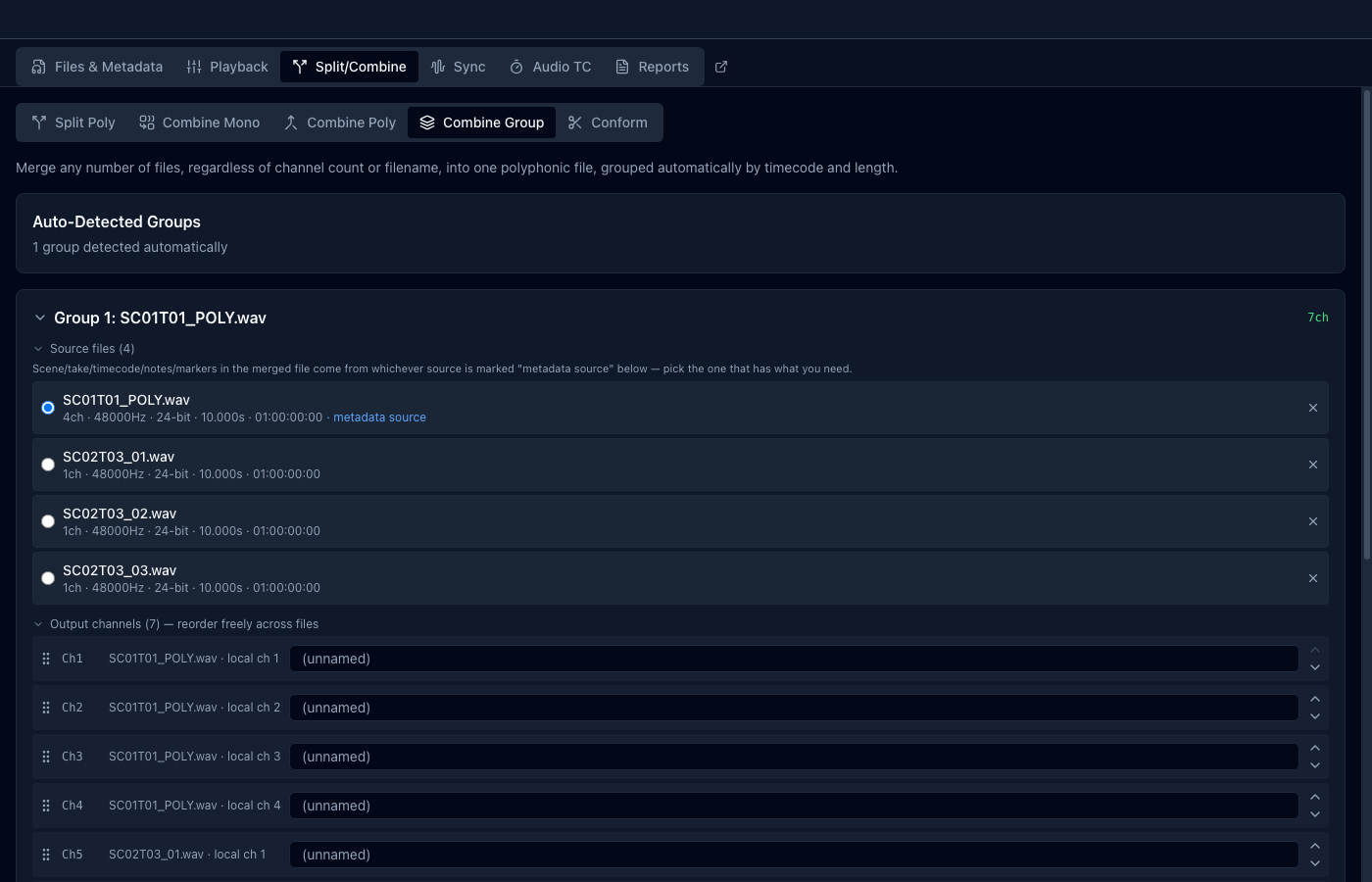 Combine Group, merging files of mixed channel counts into one polyphonic WAV
