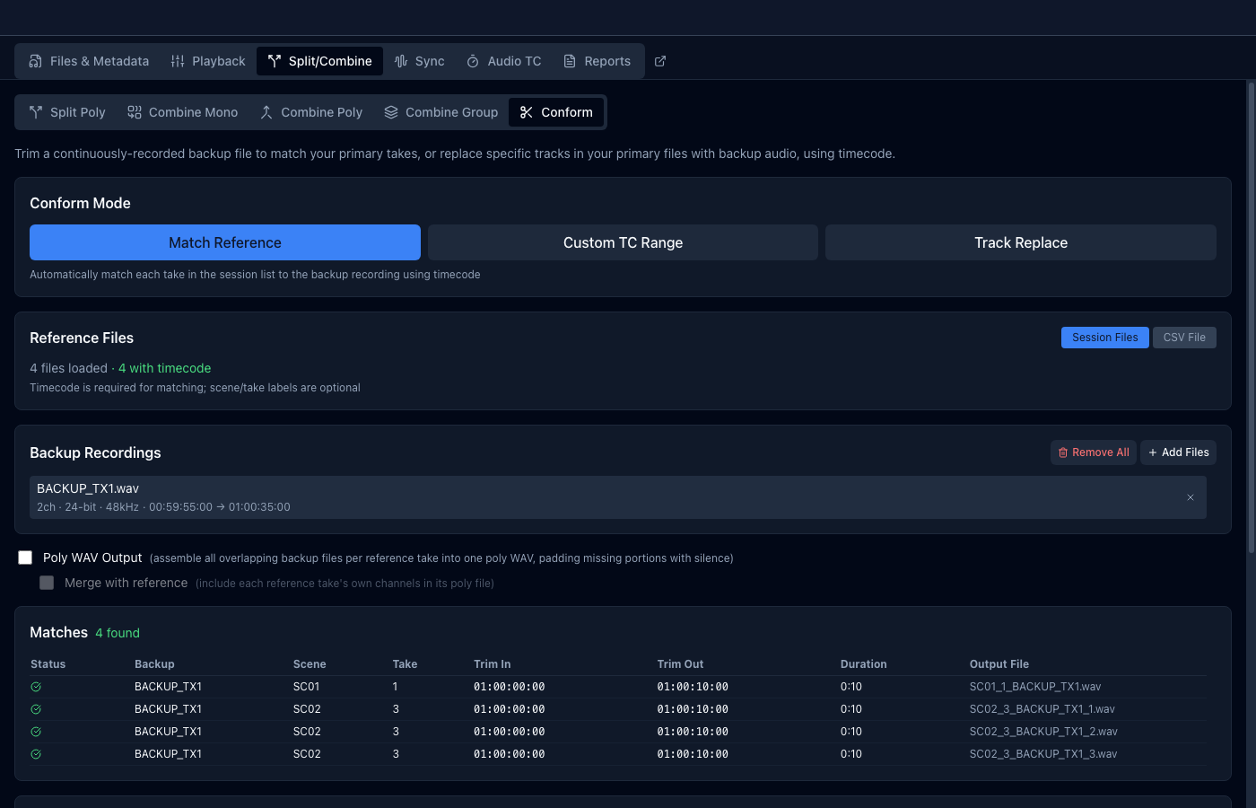 Conform in Match Reference mode, with a continuous backup loaded and four takes matched
