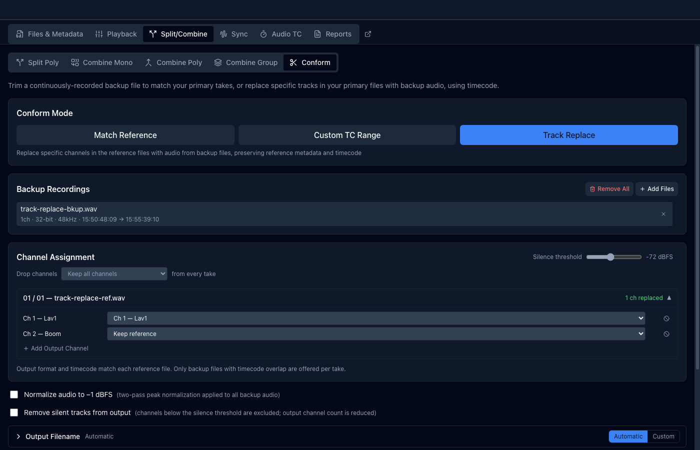 Conform in Track Replace mode, swapping individual tracks for backup audio