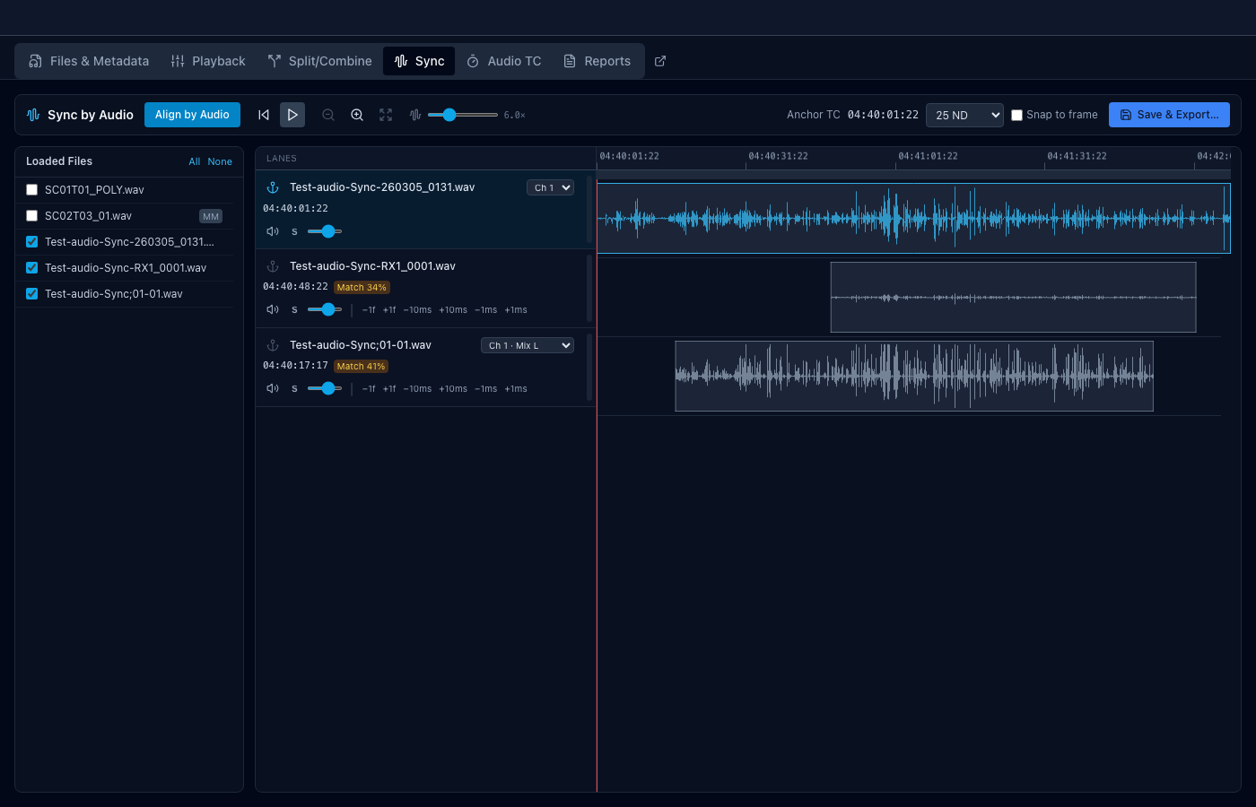 The Sync by Audio tab after alignment, one lane per file with its match confidence