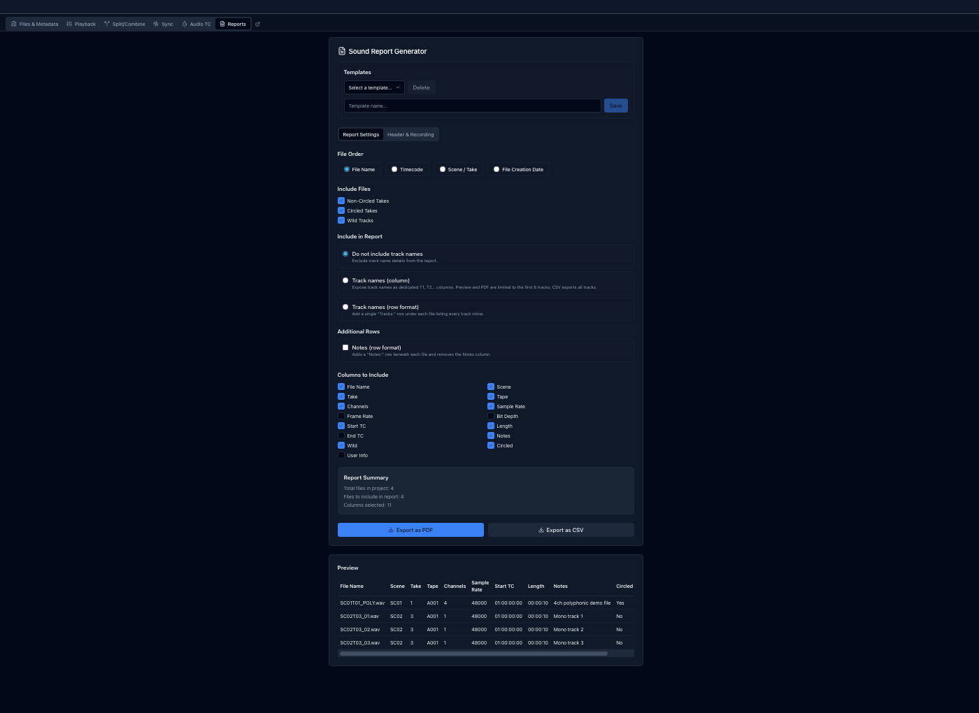 The Reports tab, where columns, header fields and export format are configured