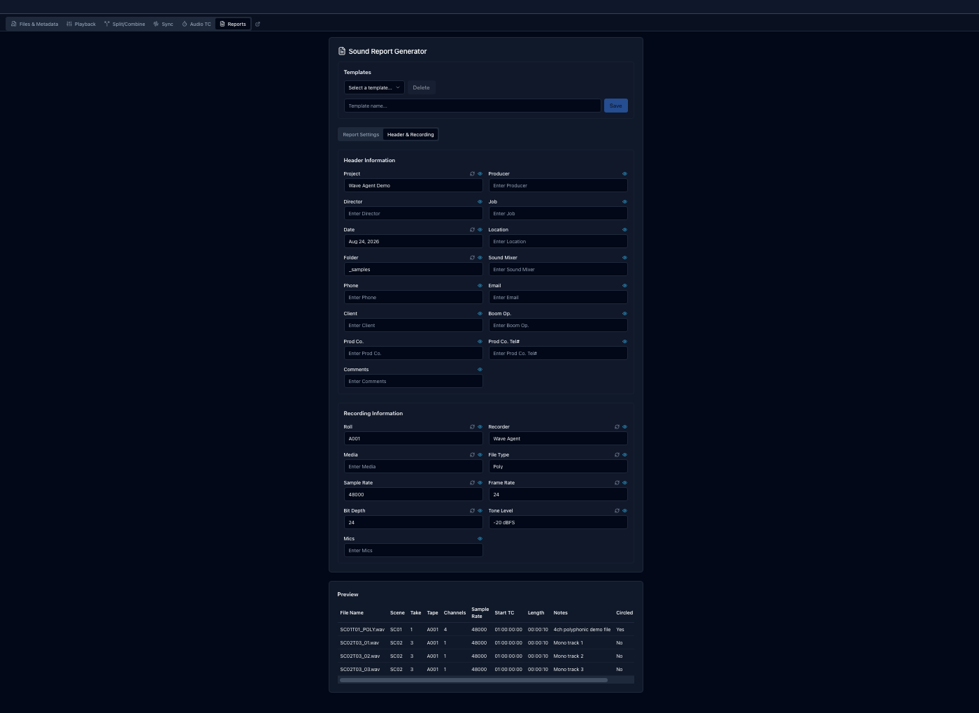 The Header and Recording tab, which fills in the report header block