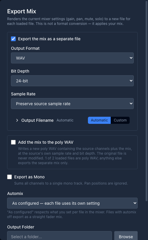 The Export Mix dialog, which renders your mixer settings into a new file