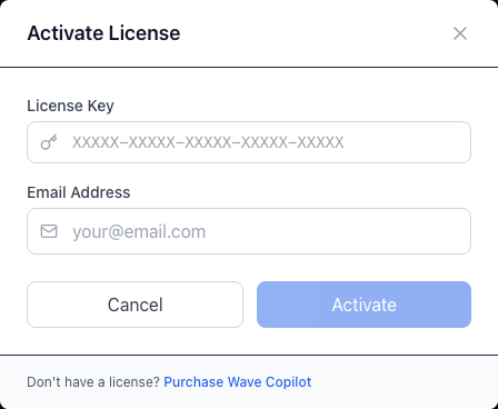 The Activate License form, where the key and email address are entered