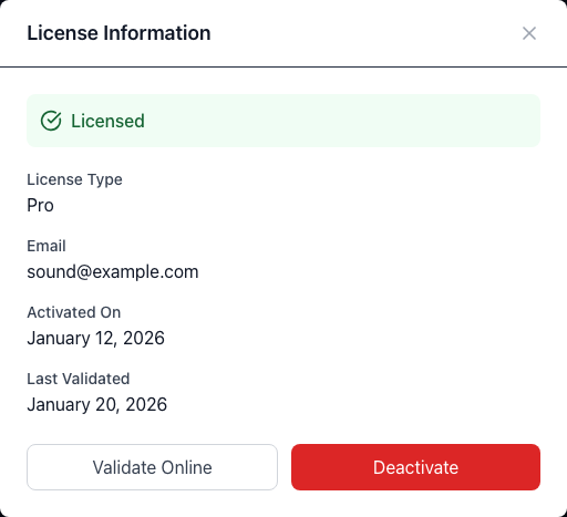The License Information dialog for an activated licence