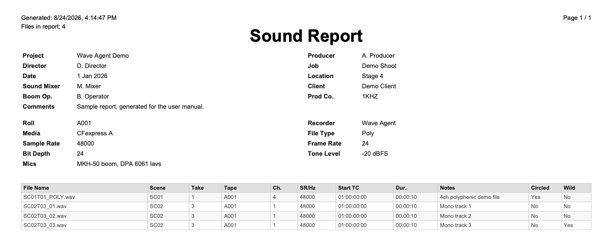 An exported PDF sound report, showing the header block, the recording information and the table of takes