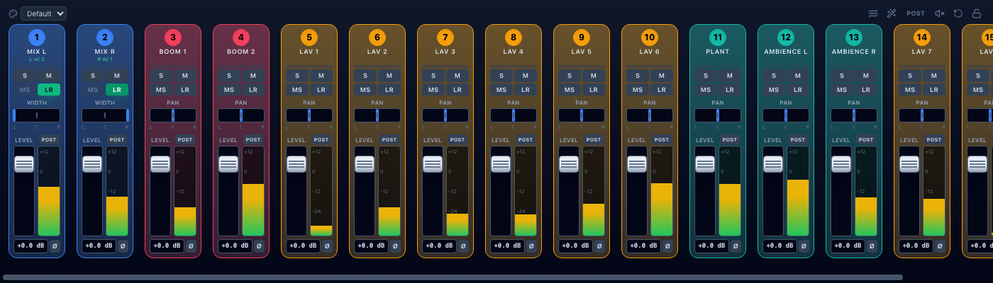 A stereo-linked pair on the console; the pan controls read WIDTH
